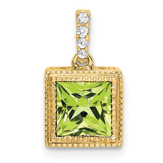 14K Yellow Gold Square Peridot and Real Diamond Pendant