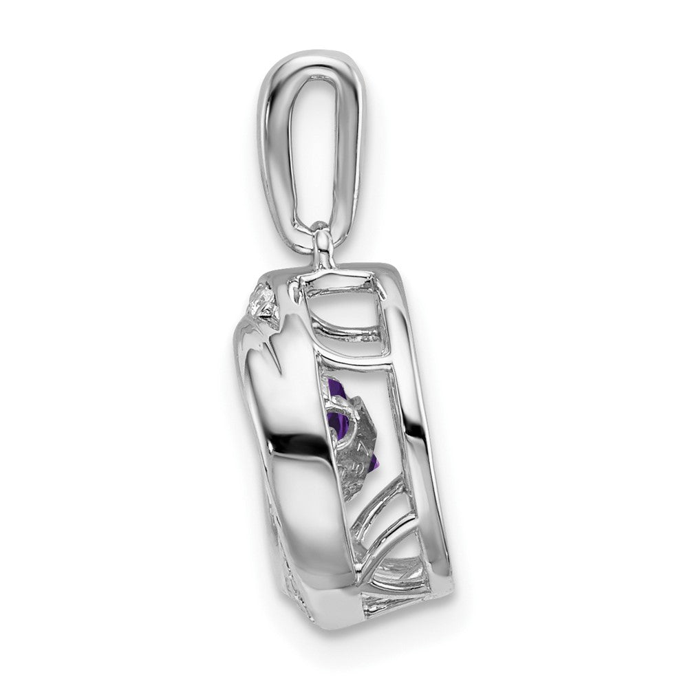 14k White Gold Round Amethyst and Real Diamond Pendant