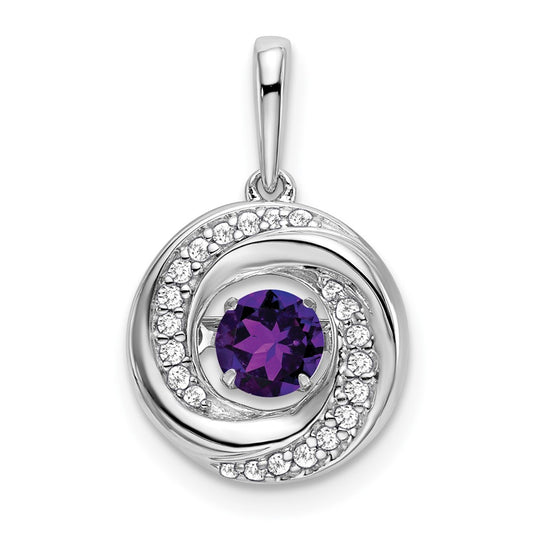 14k White Gold Round Amethyst and Real Diamond Pendant