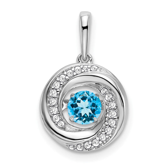 14k White Gold Round Blue Topaz and Real Diamond Pendant