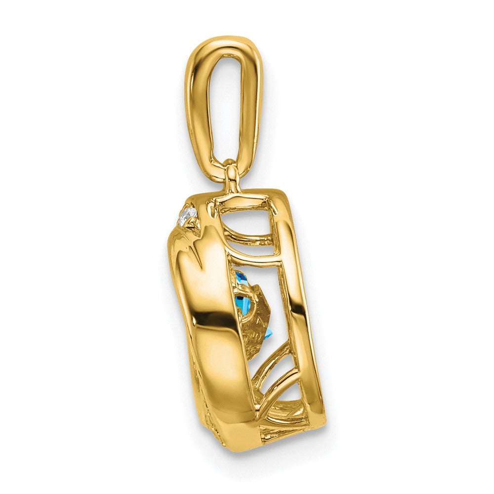 14K Yellow Gold Round Blue Topaz and Real Diamond Pendant