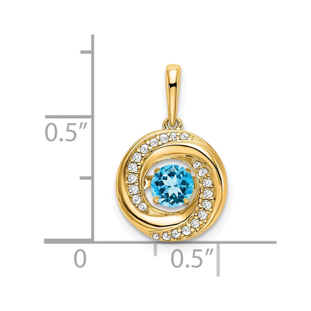 14K Yellow Gold Round Blue Topaz and Real Diamond Pendant