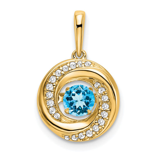 14K Yellow Gold Round Blue Topaz and Real Diamond Pendant