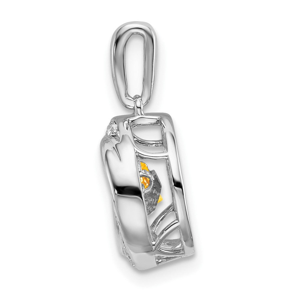 14k White Gold Round Citrine and Real Diamond Pendant