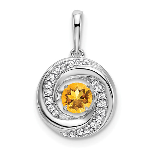 14k White Gold Round Citrine and Real Diamond Pendant