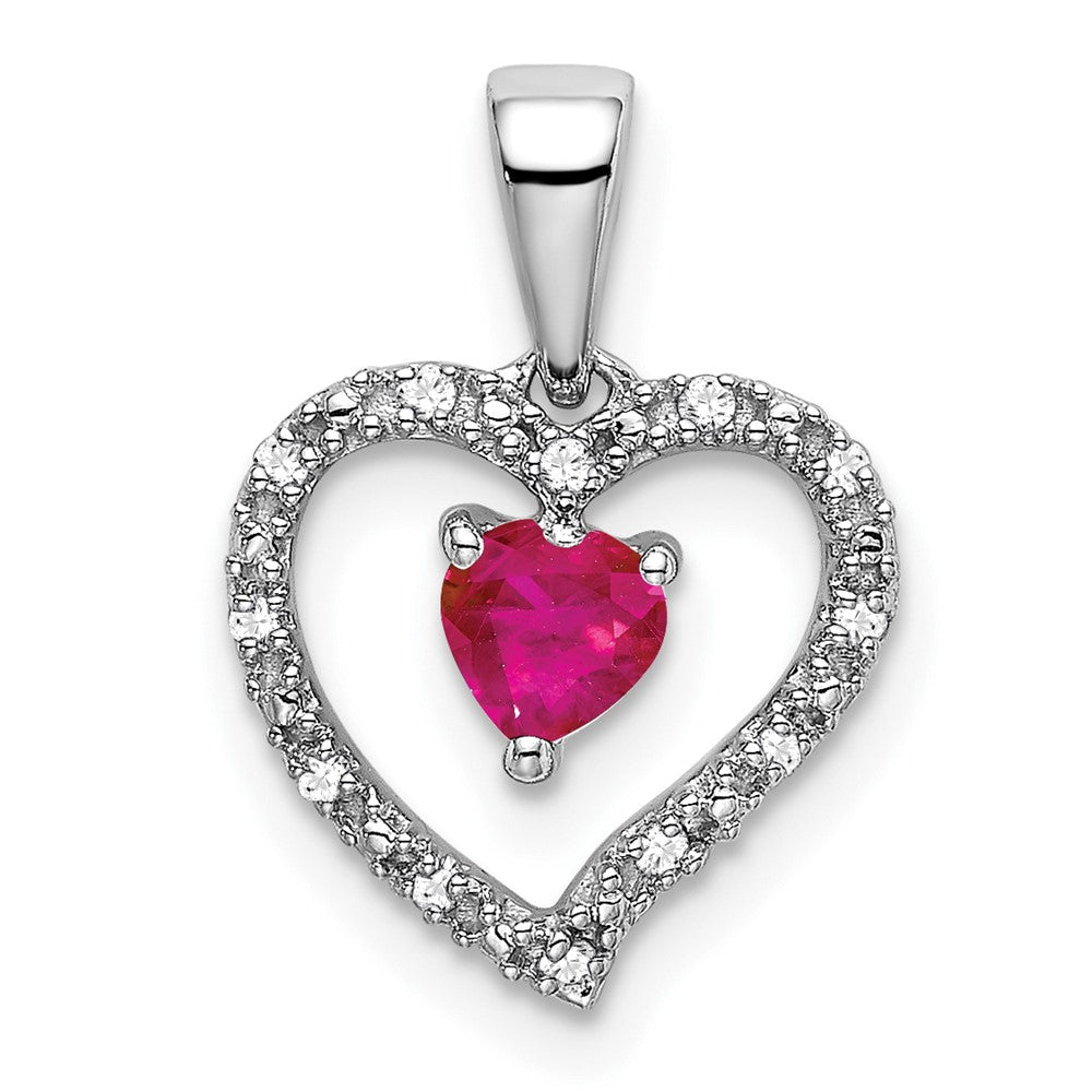 14k White Gold Ruby and Real Diamond Heart Pendant