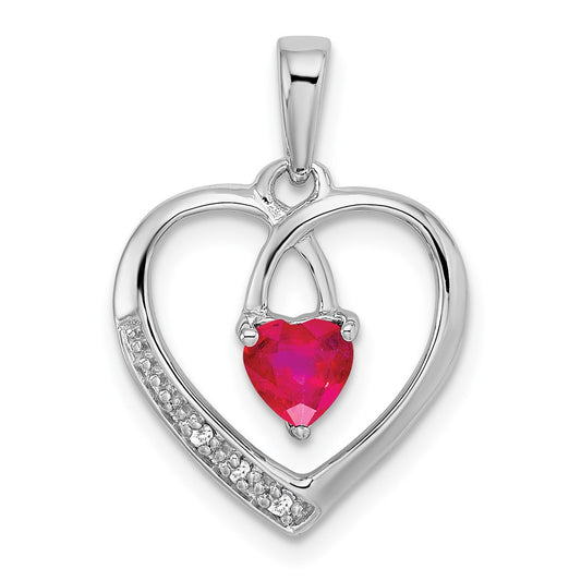 14k White Gold Ruby and Real Diamond Heart Pendant