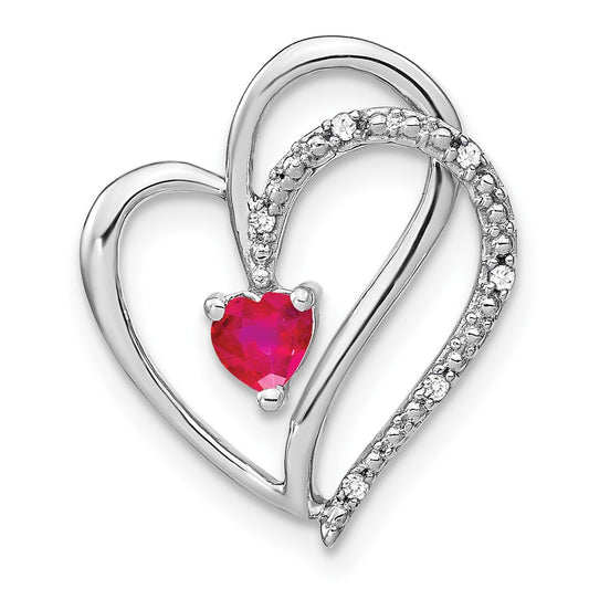 14k White Gold Ruby and Real Diamond Heart Chain Slide