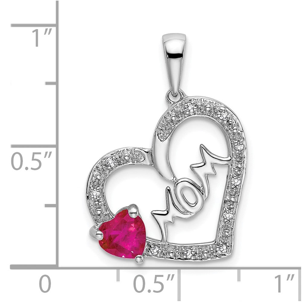 14k White Gold Ruby and Real Diamond MOM Heart Pendant