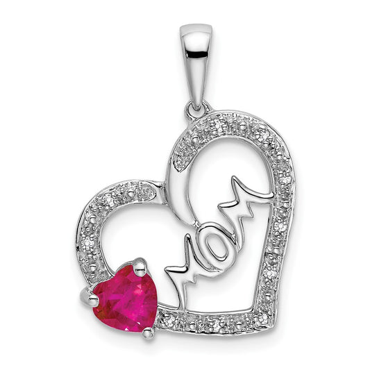 14k White Gold Ruby and Real Diamond MOM Heart Pendant