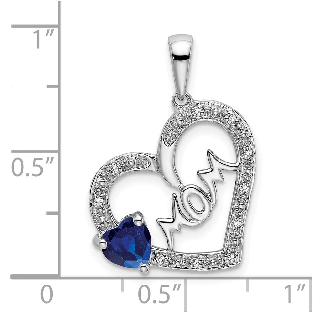 14k White Gold Sapphire and Real Diamond MOM Heart Pendant