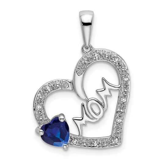 14k White Gold Sapphire and Real Diamond MOM Heart Pendant