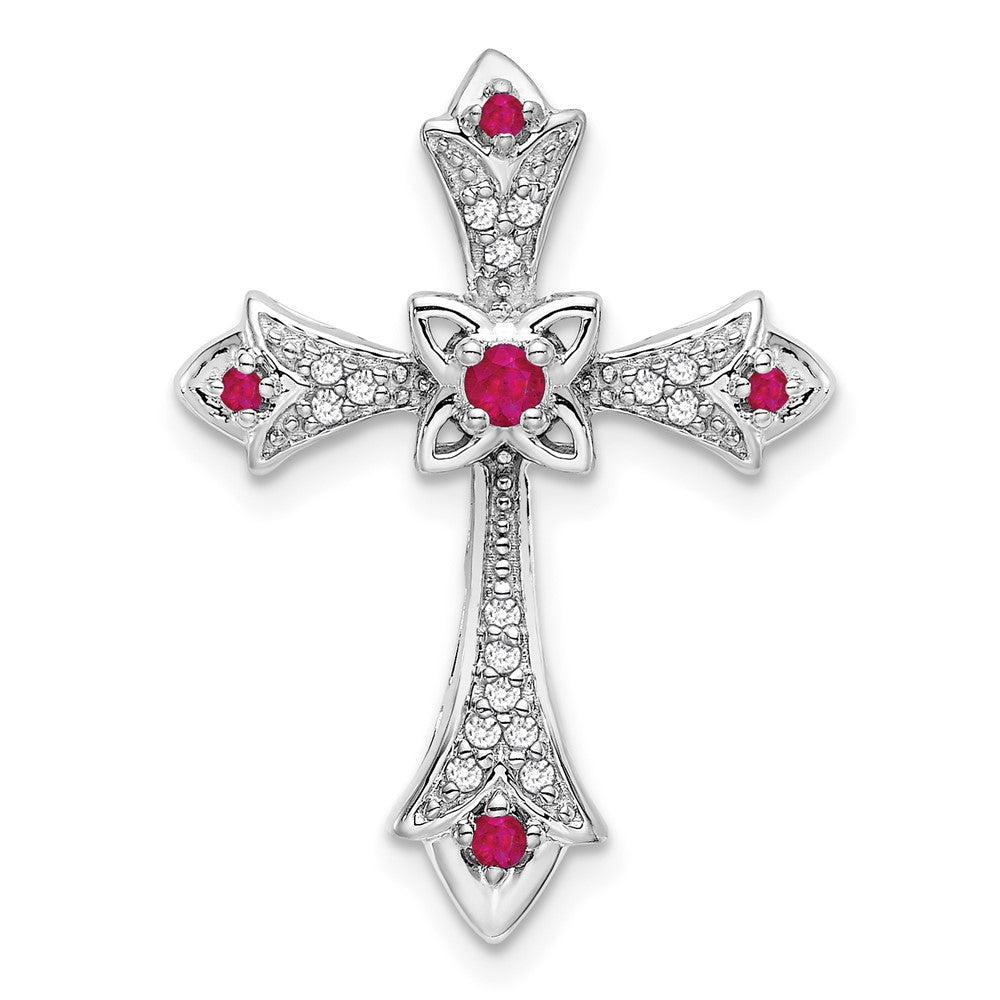 14k White Gold Ruby and Real Diamond Fleur de Lis Cross Chain Slide