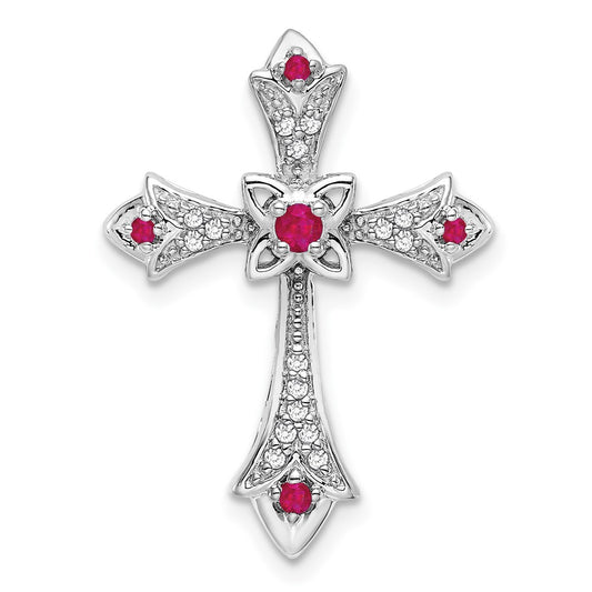 14k White Gold Ruby and Real Diamond Fleur de Lis Cross Chain Slide