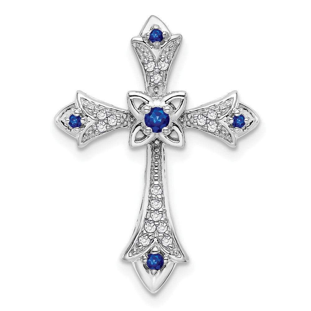 14k White Gold Sapphire and Real Diamond Fleur de Lis Cross Chain Slide