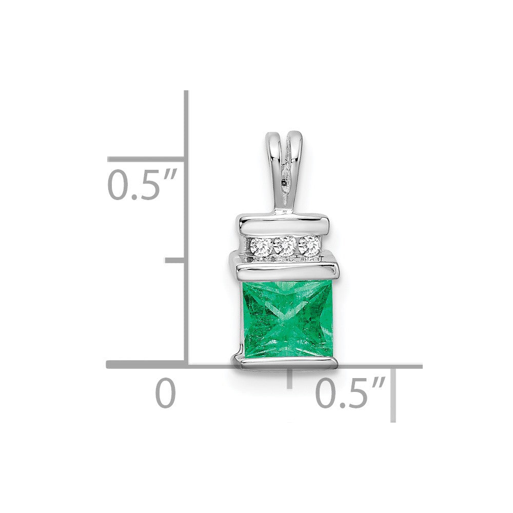 14k White Gold Square Emerald and Real Diamond Pendant