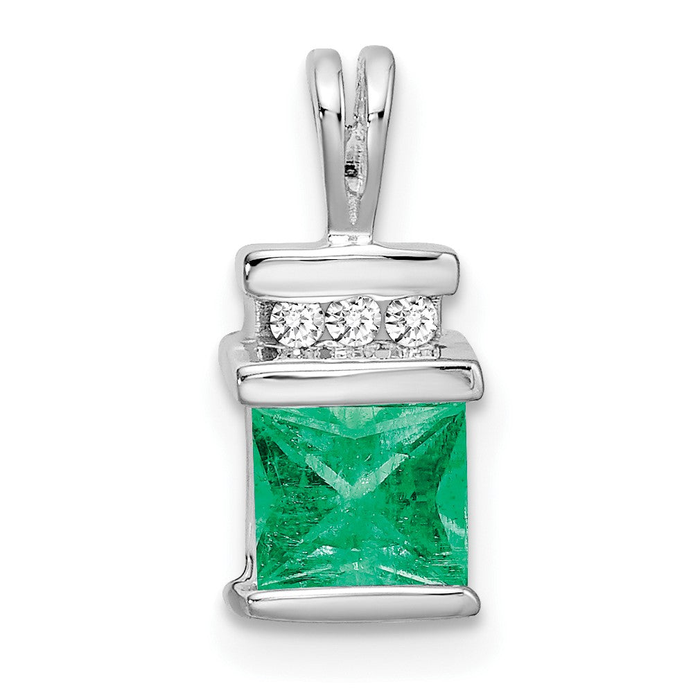 14k White Gold Square Emerald and Real Diamond Pendant