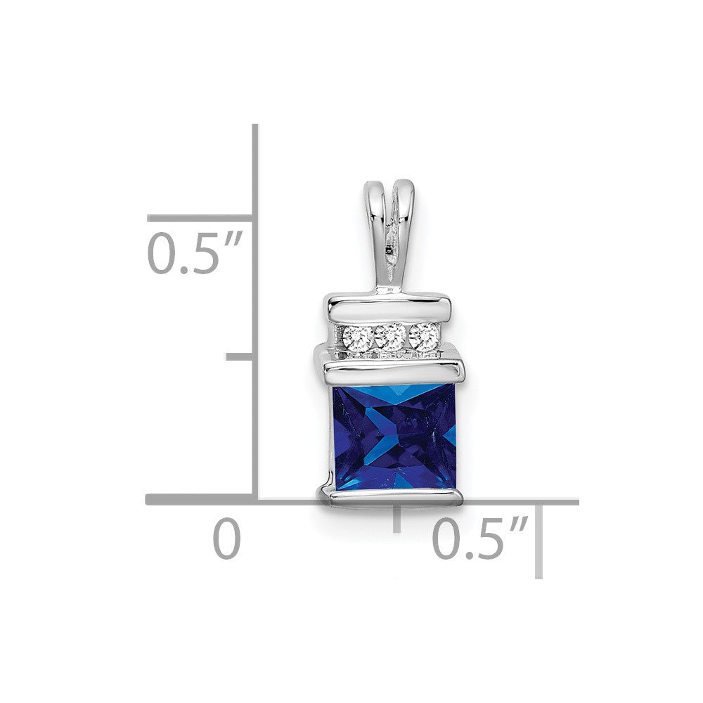 14k White Gold Square Sapphire and Real Diamond Pendant