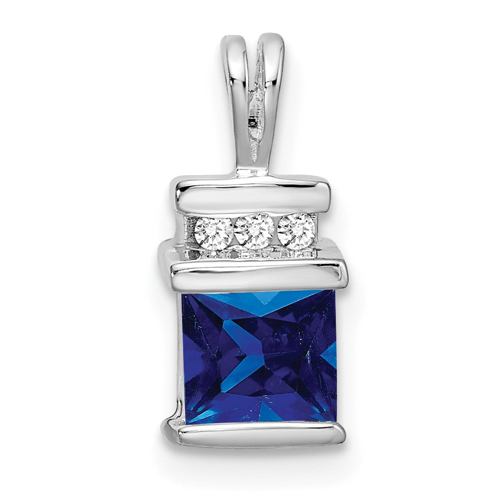 14k White Gold Square Sapphire and Real Diamond Pendant