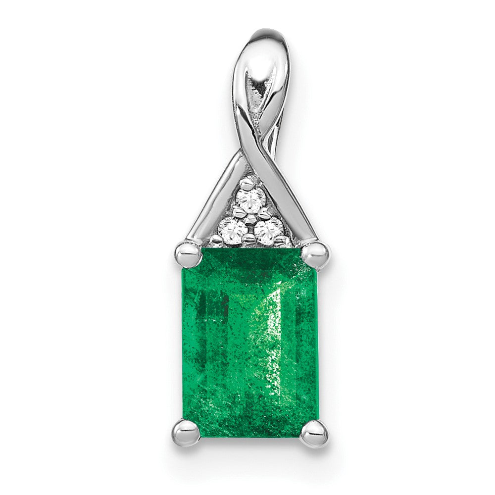 14k White Gold Rectangle Emerald and Real Diamond Pendant