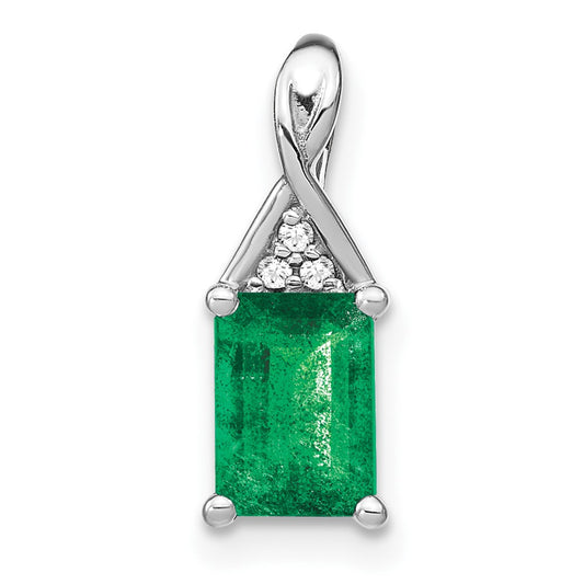 14k White Gold Rectangle Emerald and Real Diamond Pendant