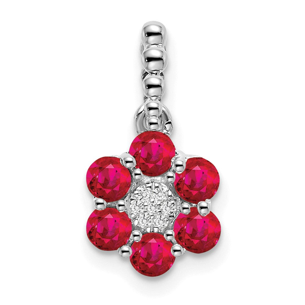 14k White Gold Ruby and Real Diamond Floral Pendant