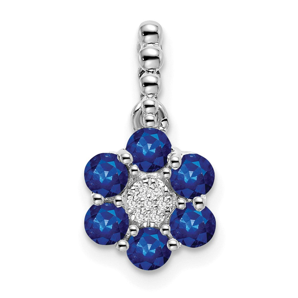 14k White Gold Sapphire and Real Diamond Floral Pendant