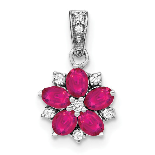 14k White Gold Ruby and Real Diamond Floral Pendant