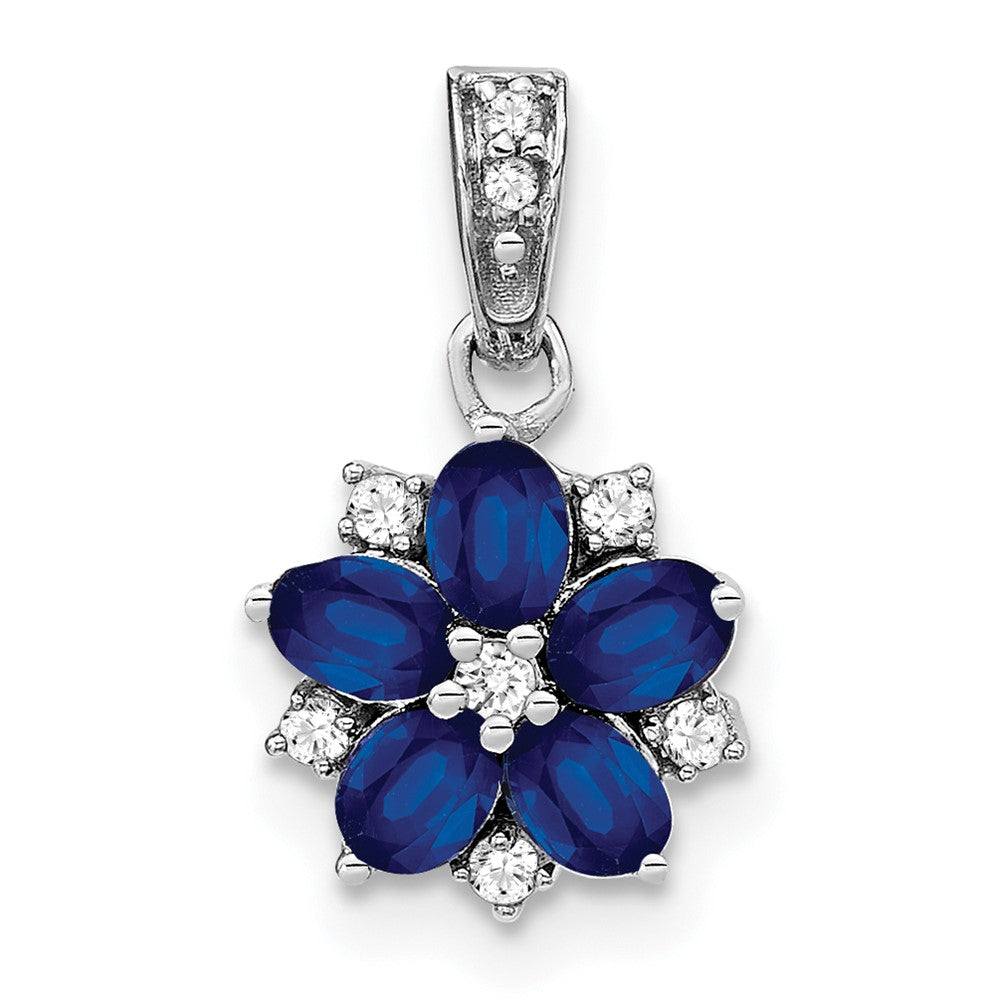 14k White Gold Sapphire and Real Diamond Floral Pendant