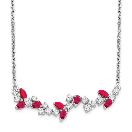 14k White Gold Ruby and Real Diamond 18in. Floral Bar Necklace