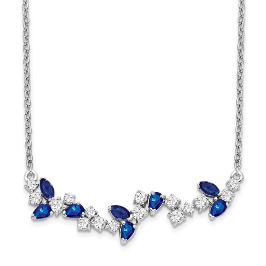 14k White Gold Sapphire and Real Diamond 18in. Floral Bar Necklace