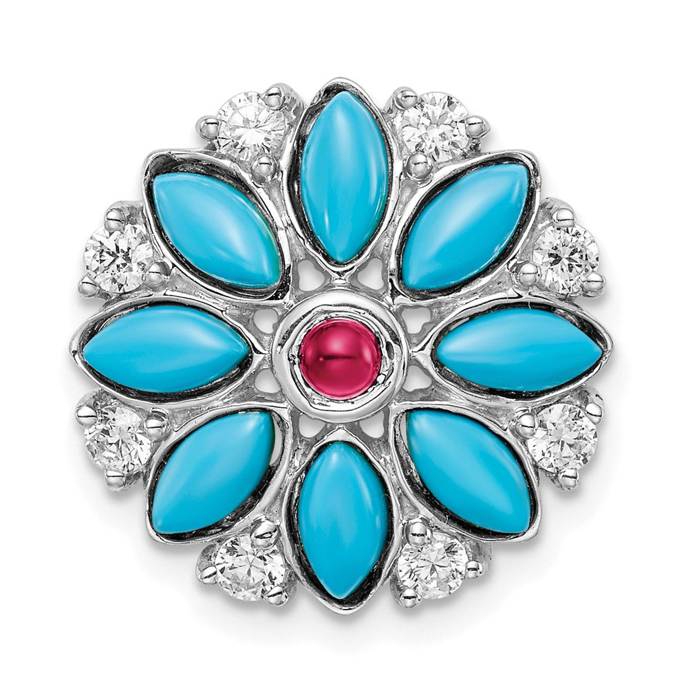 14k White Gold Turquoise/Creat. Ruby/White Topaz Floral Chain Slide