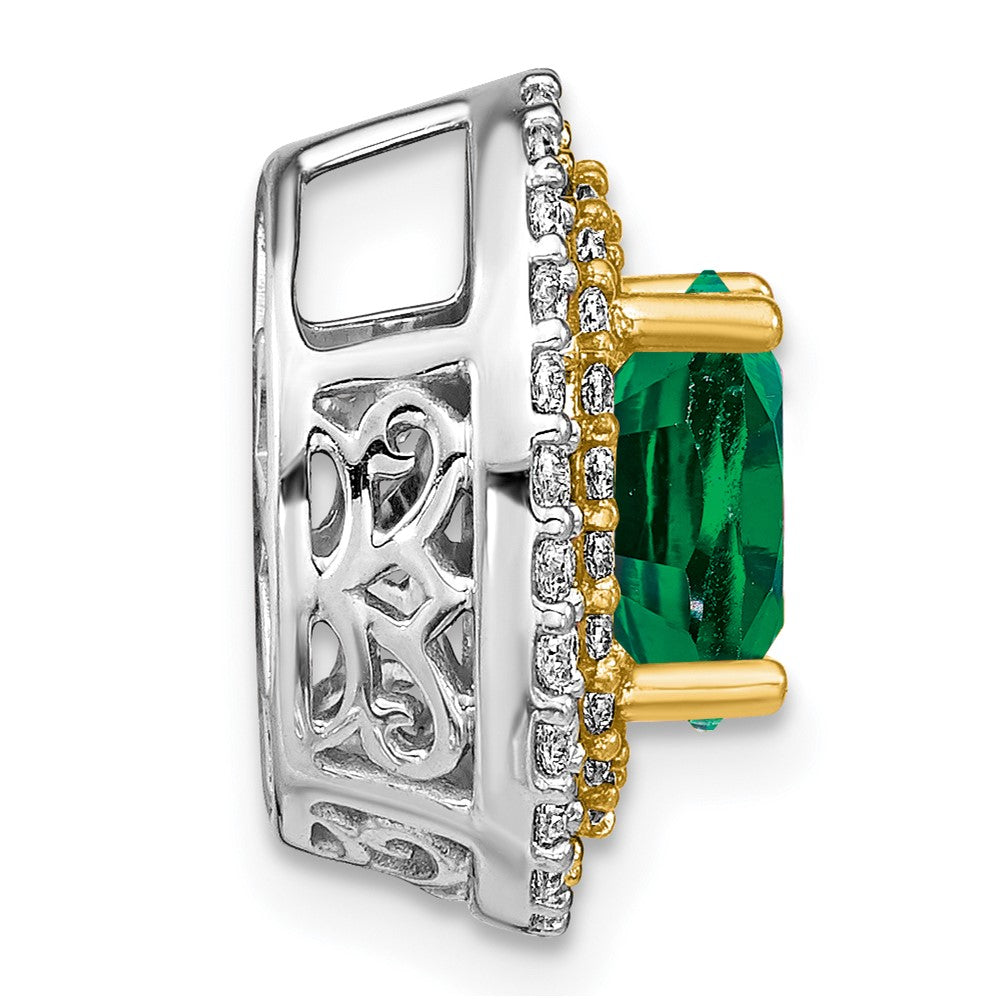 14k Two-Tone Gold Lab Grown Real Diamond & Created Emerald Pendant