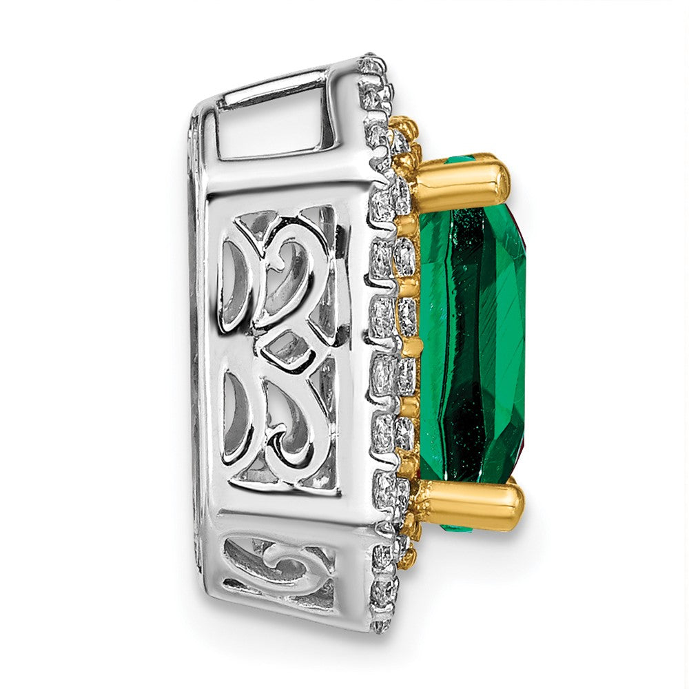 14k Two-Tone Gold Lab Grown Real Diamond & Created Emerald Pendant