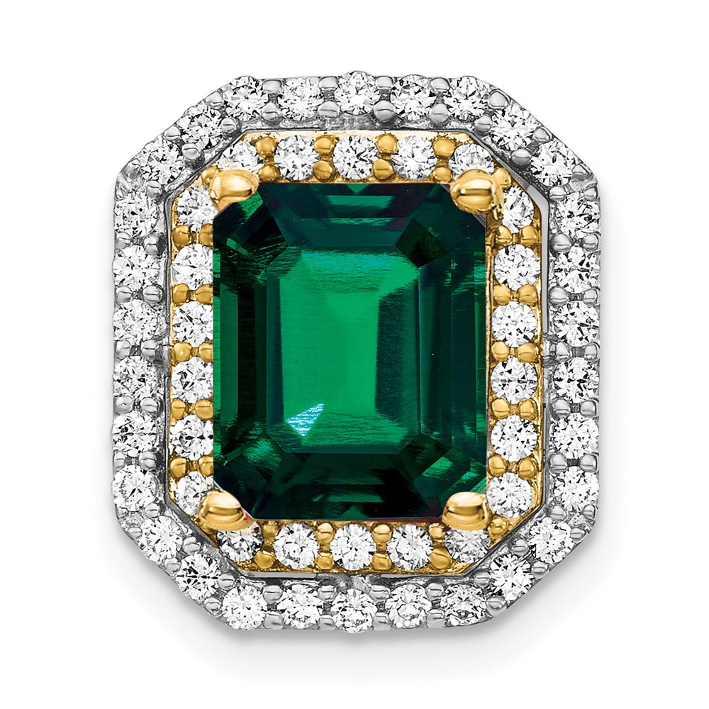 14k Two-Tone Gold Lab Grown Real Diamond & Created Emerald Pendant