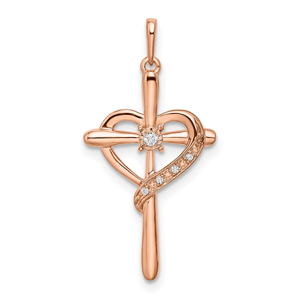 14k Rose Gold Cross w/Heart Real Diamond Pendant