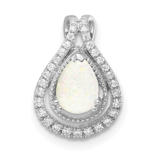 14k White Gold Polished Pear Opal & Real Diamond Chain Slide