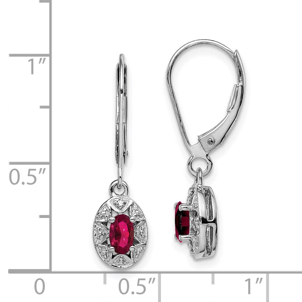 Sterling Silver Rhodium Plated Diamond and Lab Created Ruby Dangle Leverback Earrings