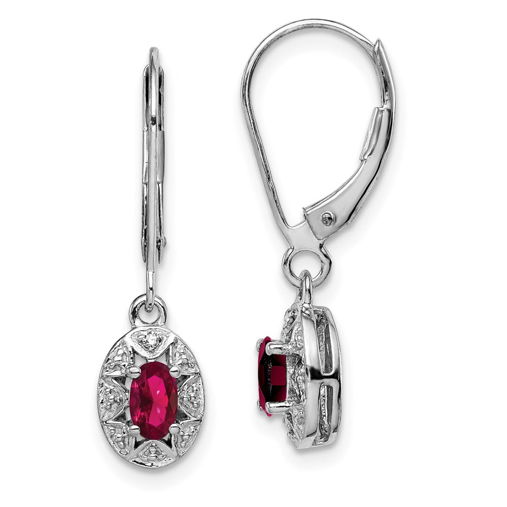 Sterling Silver Rhodium Plated Diamond and Lab Created Ruby Dangle Leverback Earrings