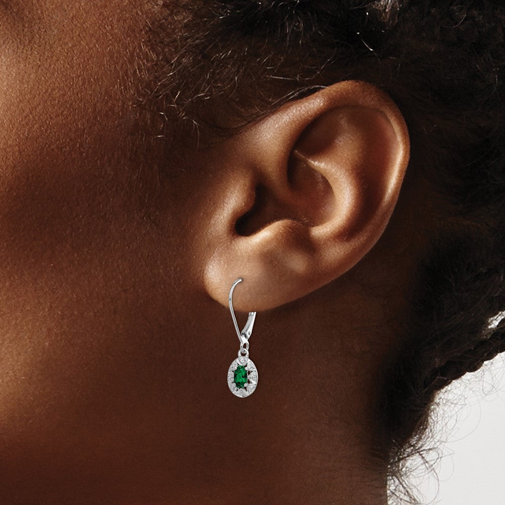 Sterling Silver Rhodium-plated Diamond/Lab Created Emerald Earrings