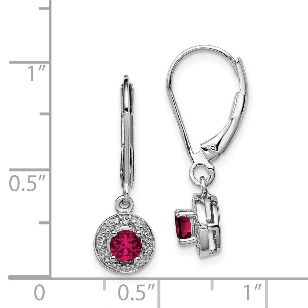 Sterling Silver Rhodium Plated Lab Created Ruby and Diamond Halo Dangle Leverback Earrings