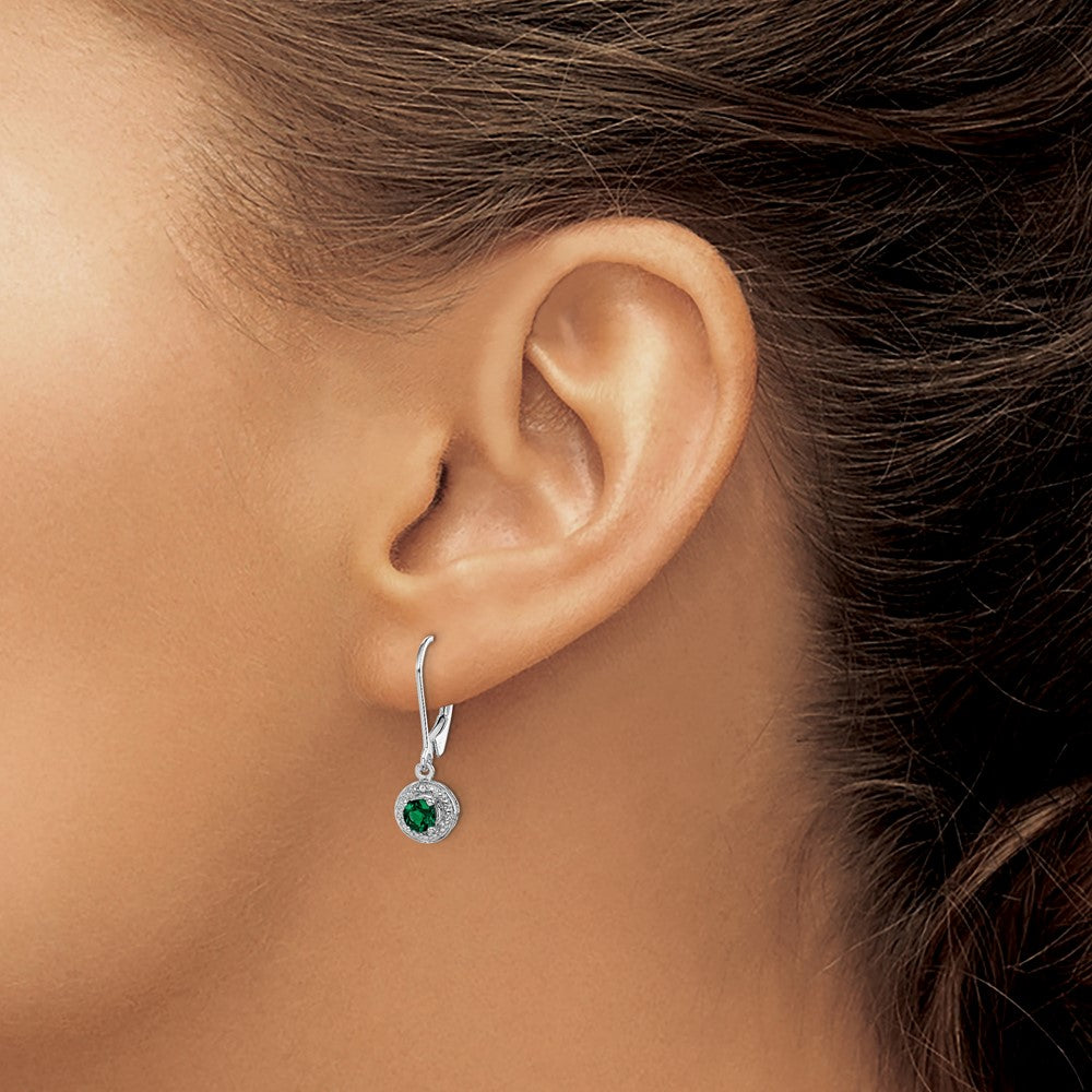 Sterling Silver Rhodium-plated Diamond & Created Emerald Earrings