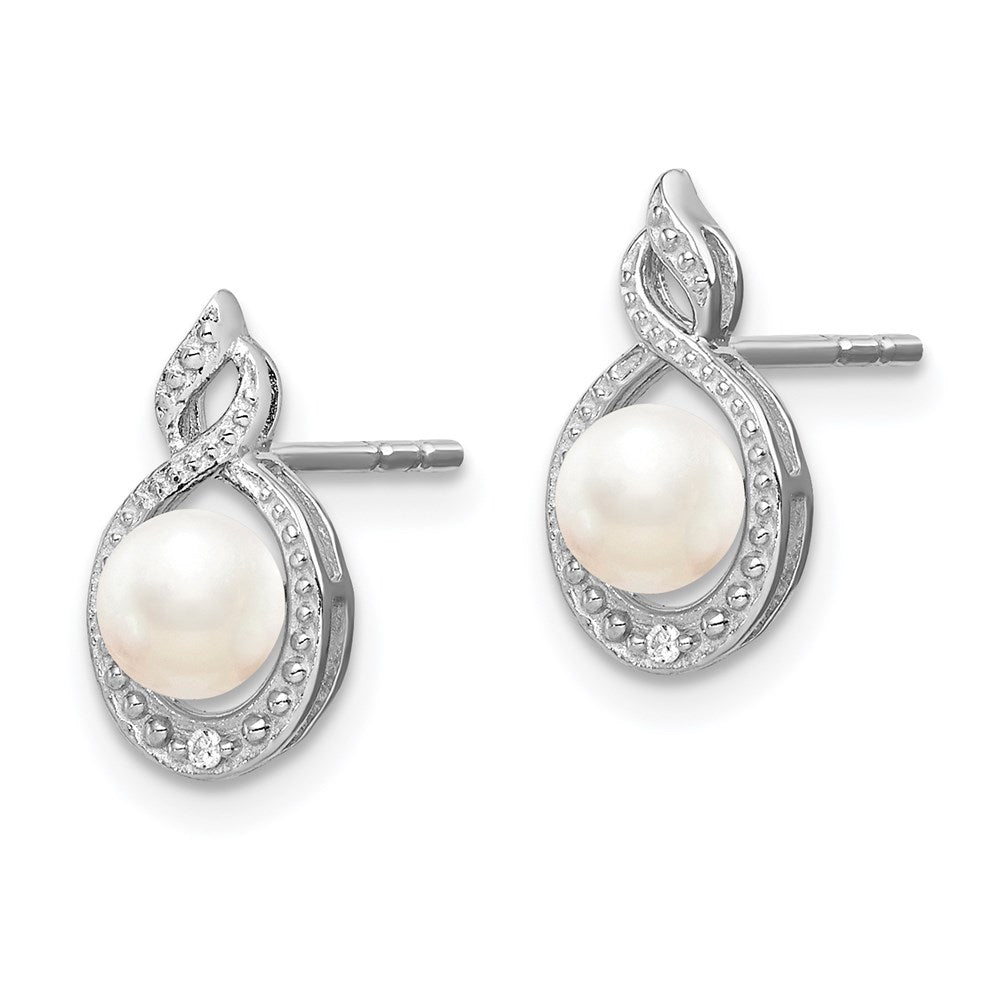 Sterling Silver Rhodium-plated FW Cultured Pearl & Diamond Earrings