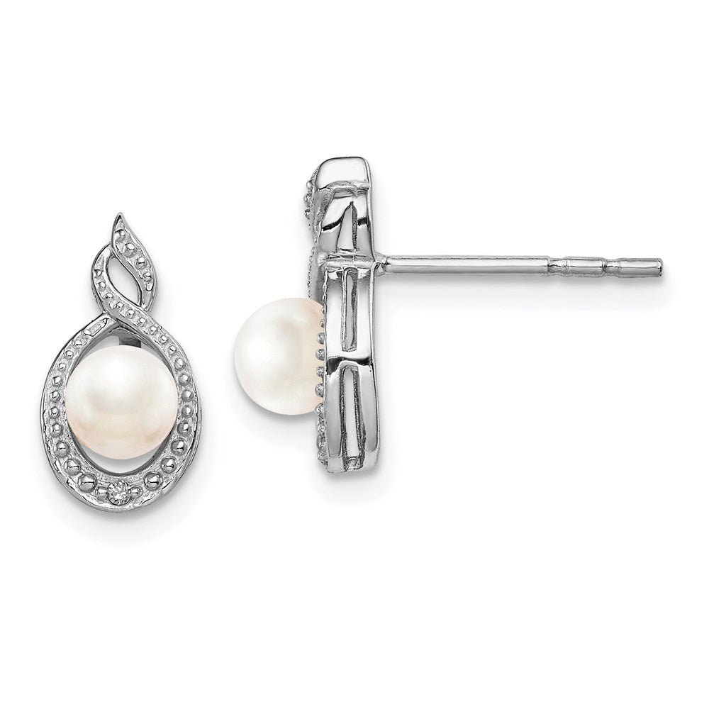 Sterling Silver Rhodium-plated FW Cultured Pearl & Diamond Earrings