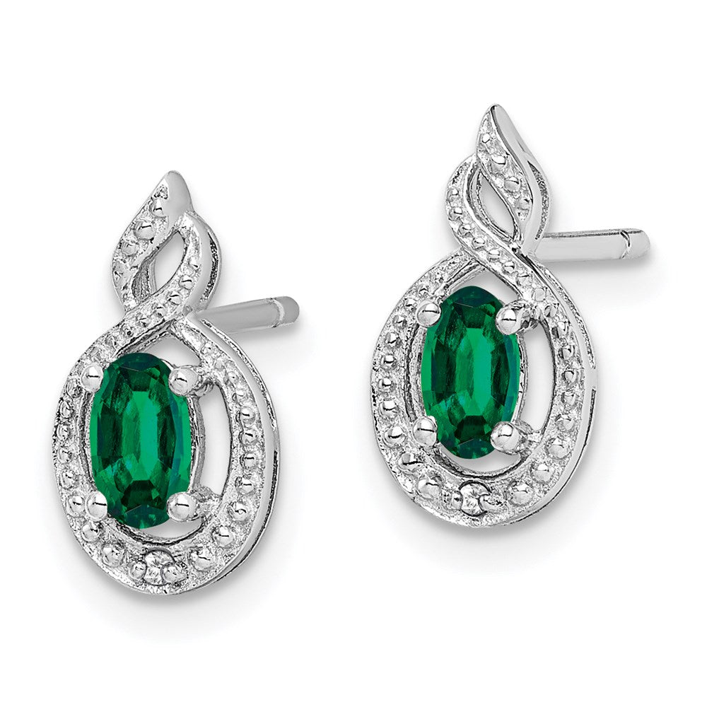 Sterling Silver Rhodium-plated Created Emerald & Diamond Earrings