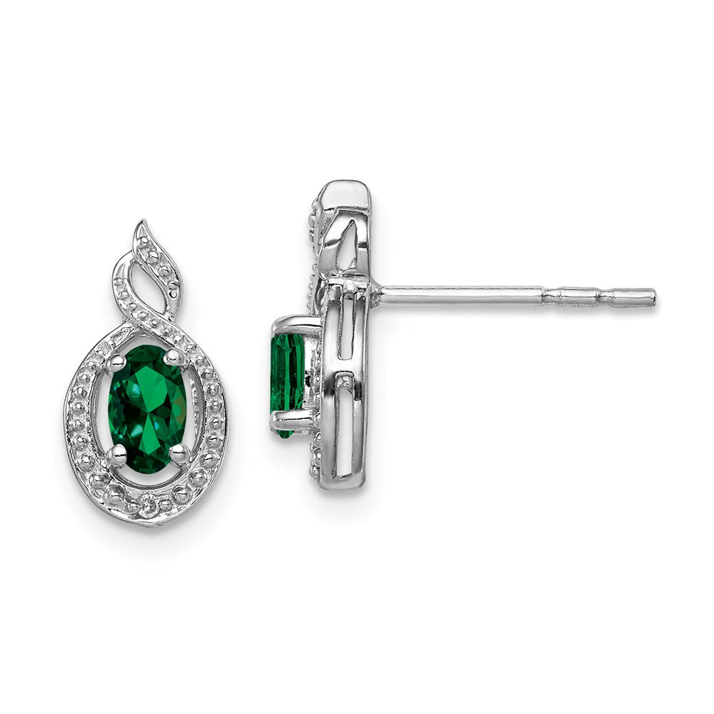 Sterling Silver Rhodium-plated Created Emerald & Diamond Earrings