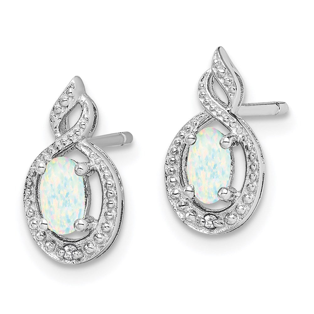 Sterling Silver Rhodium-plated Created Opal & Diamond Earrings