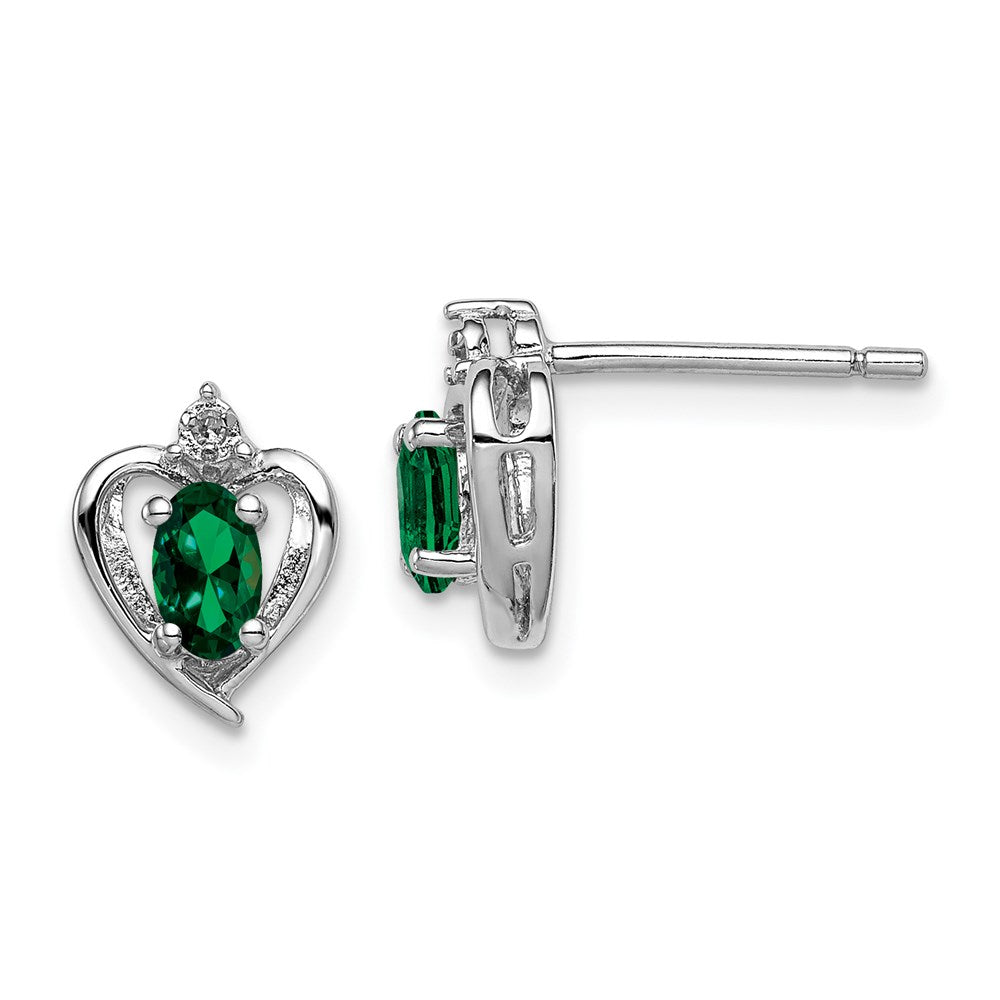 Sterling Silver Rhodium-plated Created Emerald & Diamond Earrings