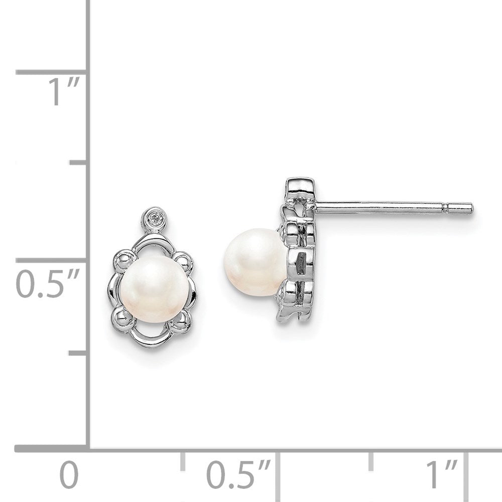 Sterling Silver Rhodium-plated FW Cultured Pearl & Diamond Earrings