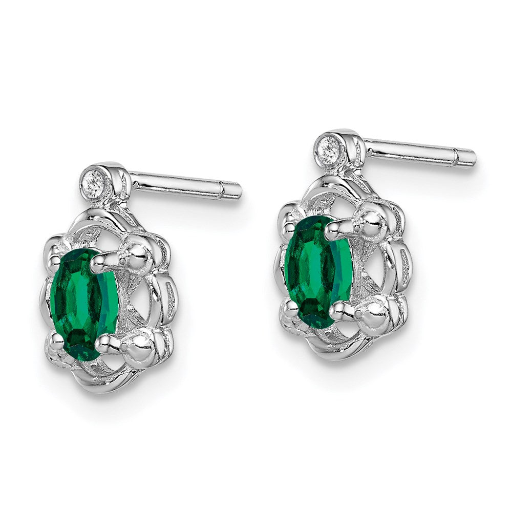 Sterling Silver Rhodium-plated Created Emerald & Diamond Earrings